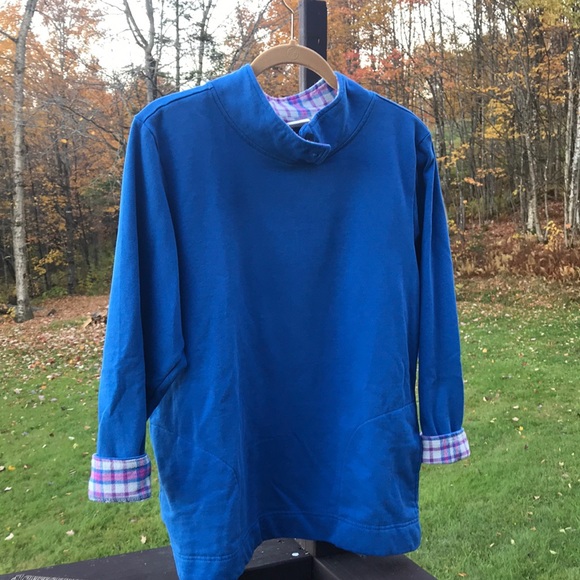 🌟 3/$25 Blair Button-neck Sweatshirt with Plaid Flannel Trim & Side Pockets. Lg - Picture 2 of 10